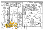 Рамзес II сидит на коленах в присутствие Амона-Ра. Перед ними бог Тот записывает срок правления царя на трех ветвях.
