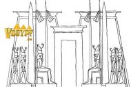 фасад храма: видны две башни пилона с дверями, шесты с флагами с обеих сторон, два обелиска и четыре статуи: две стоящие и две сидящие лицом к воротам.